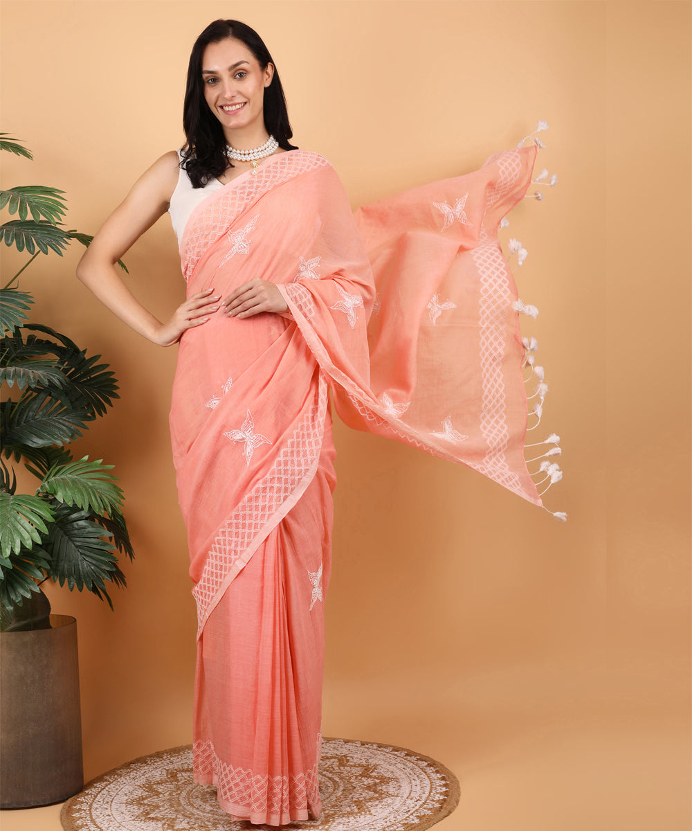 Peach white cotton hand embroidered chikankari saree