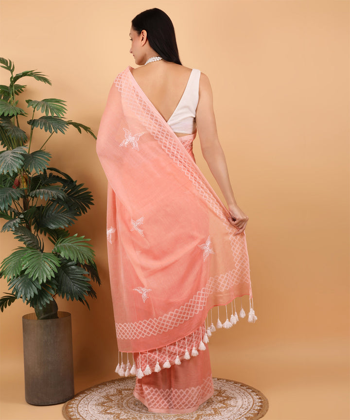 Peach white cotton hand embroidered chikankari saree