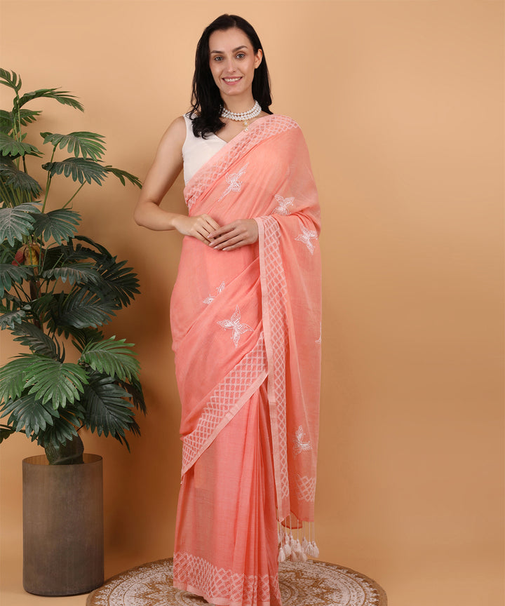 Peach white cotton hand embroidered chikankari saree
