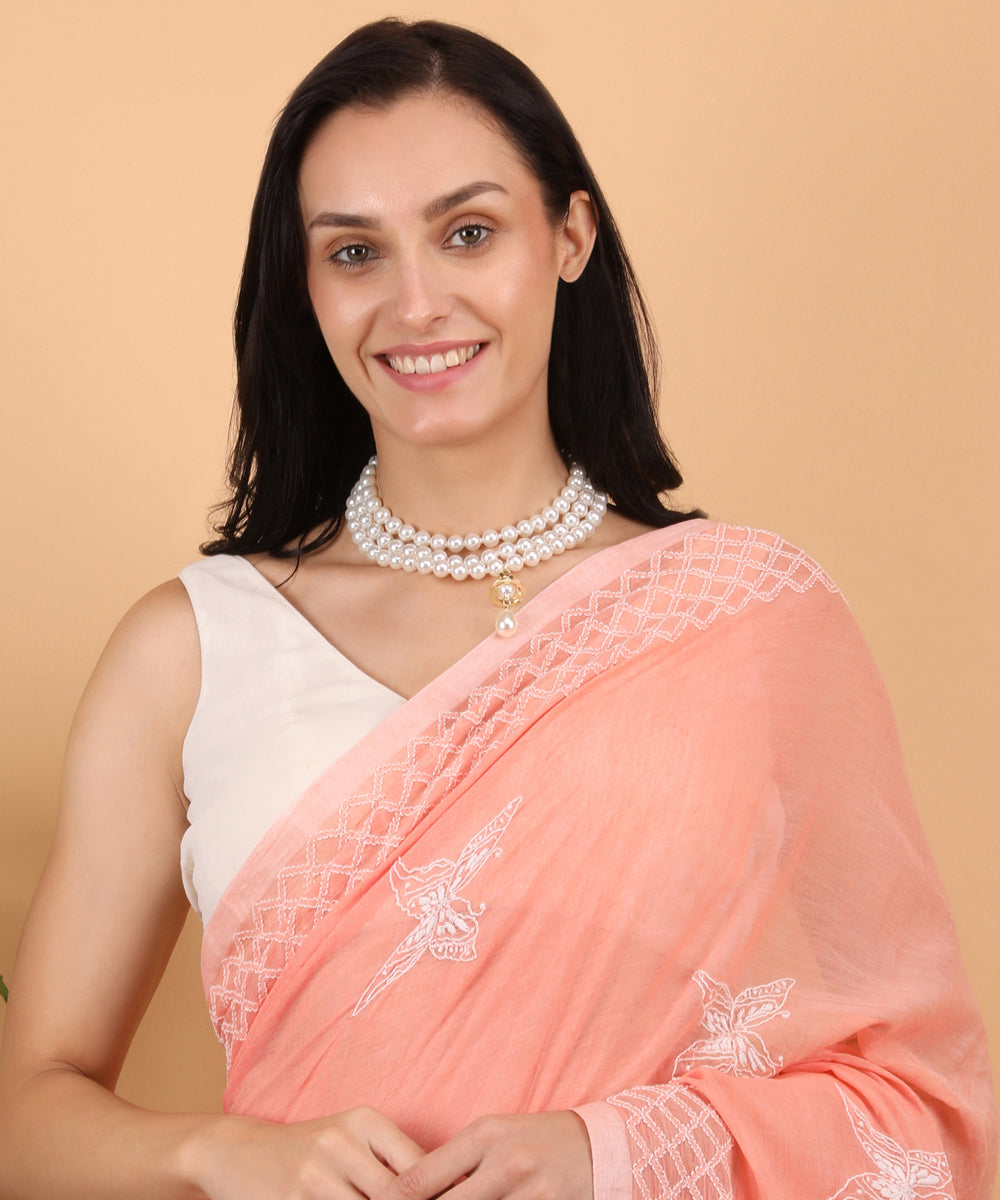 Peach white cotton hand embroidered chikankari saree