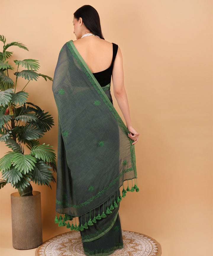 Dark green green cotton hand embroidered chikankari saree