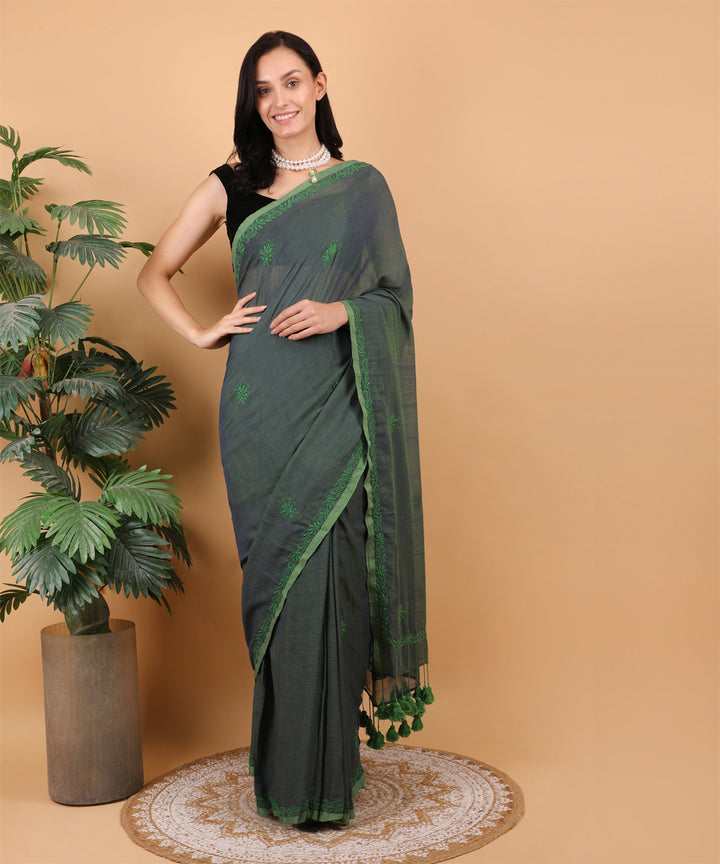 Dark green green cotton hand embroidered chikankari saree