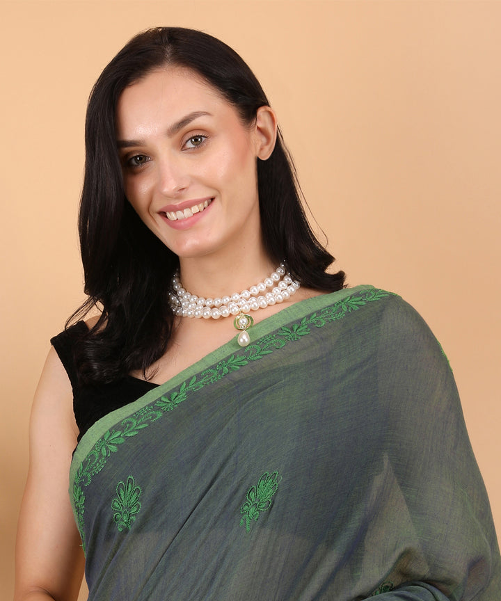 Dark green green cotton hand embroidered chikankari saree