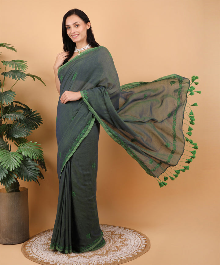 Dark green green cotton hand embroidered chikankari saree
