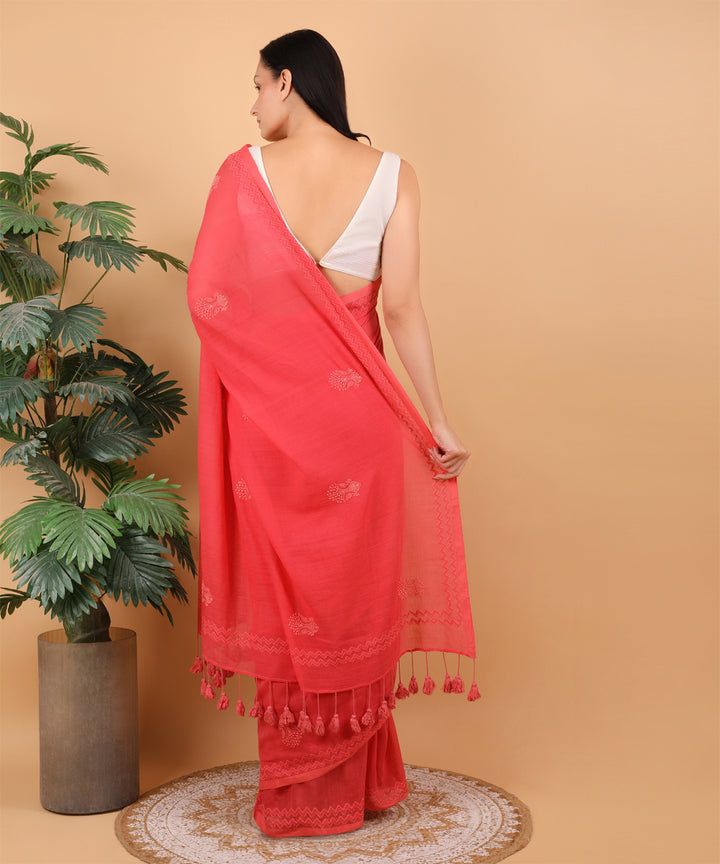 Red red cotton hand embroidered chikankari saree