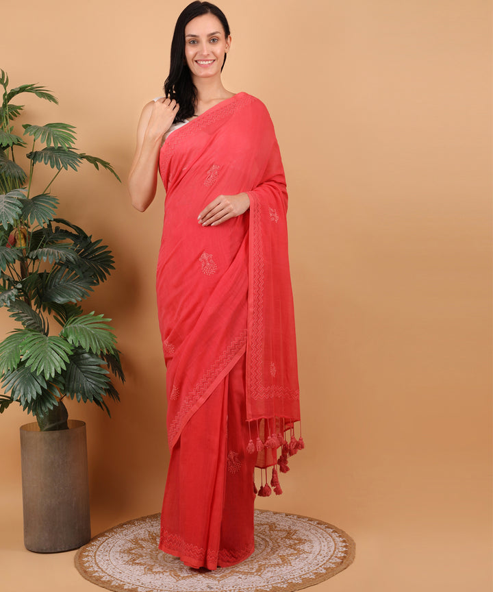 Red red cotton hand embroidered chikankari saree