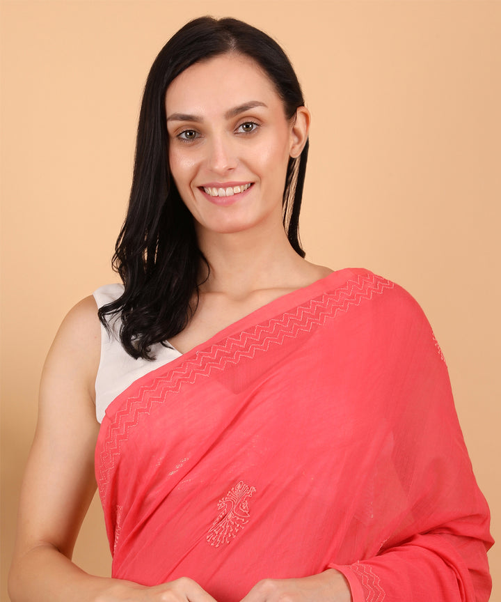 Red red cotton hand embroidered chikankari saree