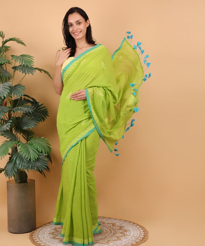 Light green yellow cotton hand embroidered chikankari saree