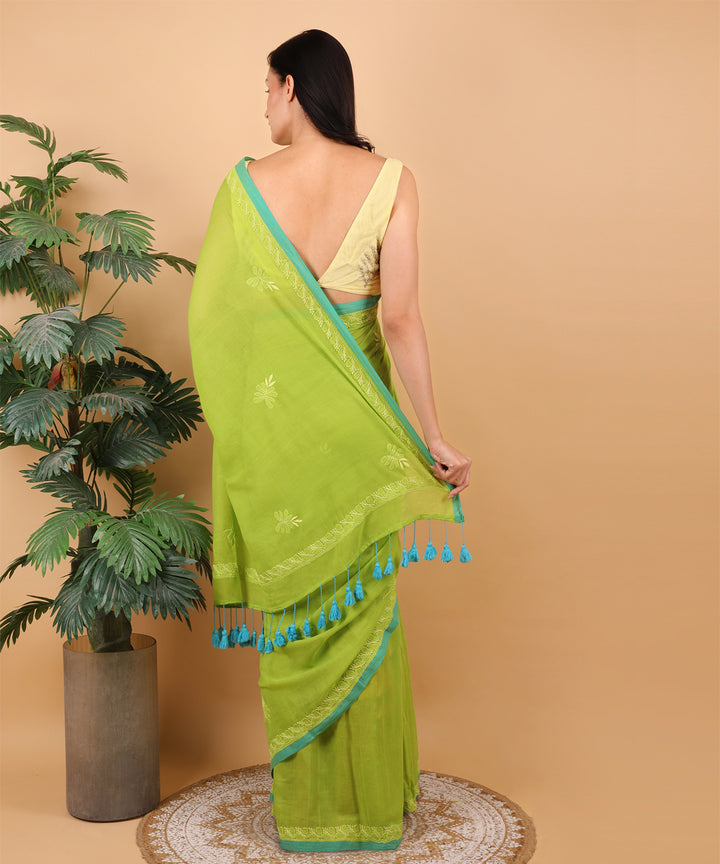 Light green yellow cotton hand embroidered chikankari saree