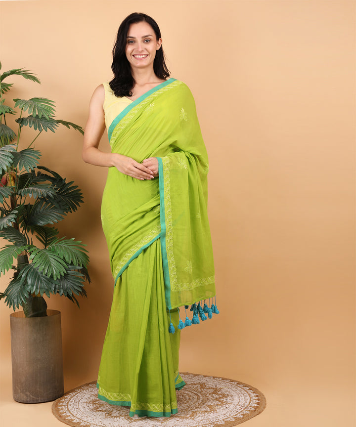 Light green yellow cotton hand embroidered chikankari saree
