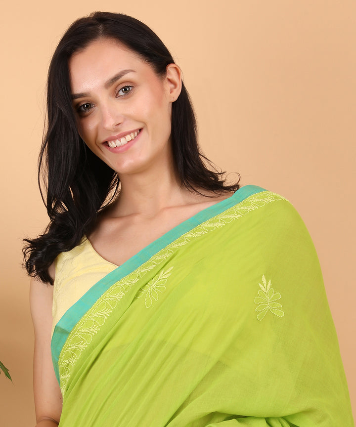 Light green yellow cotton hand embroidered chikankari saree