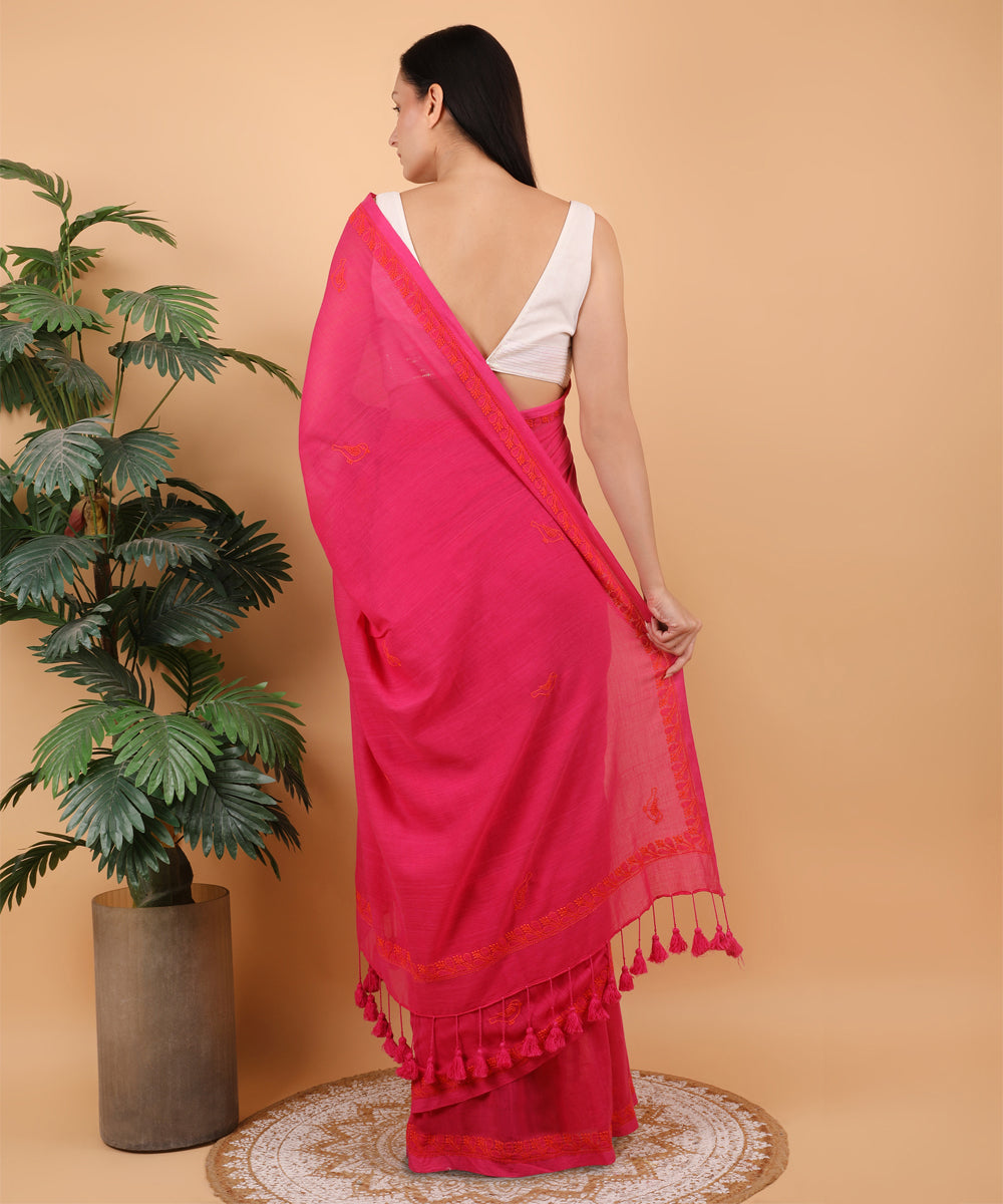Red allover cotton hand embroidered chikankari saree