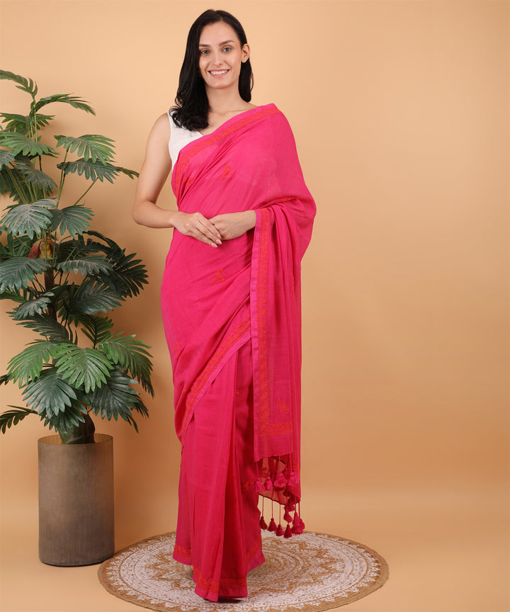 Red allover cotton hand embroidered chikankari saree