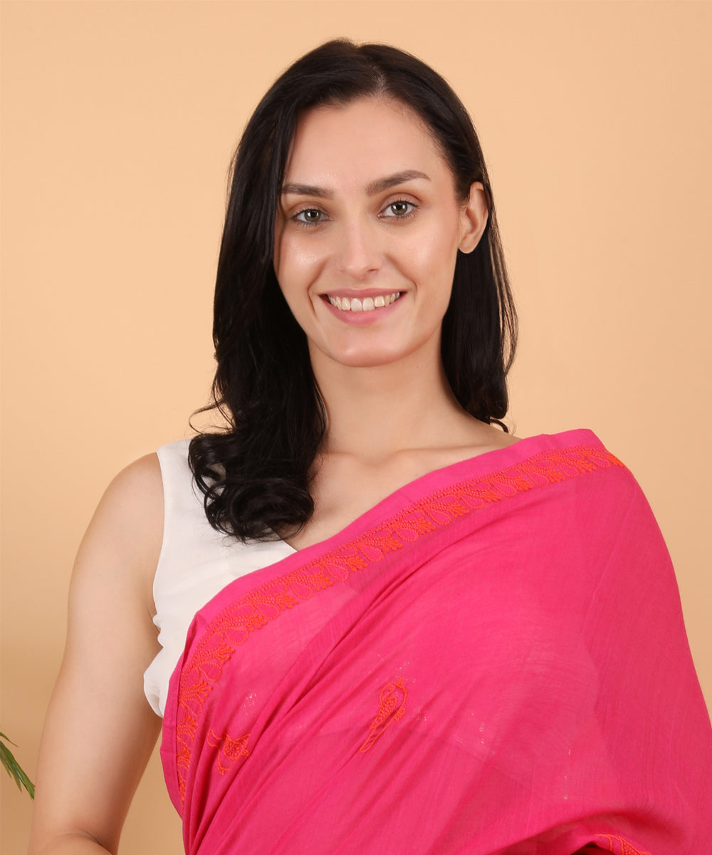 Red allover cotton hand embroidered chikankari saree