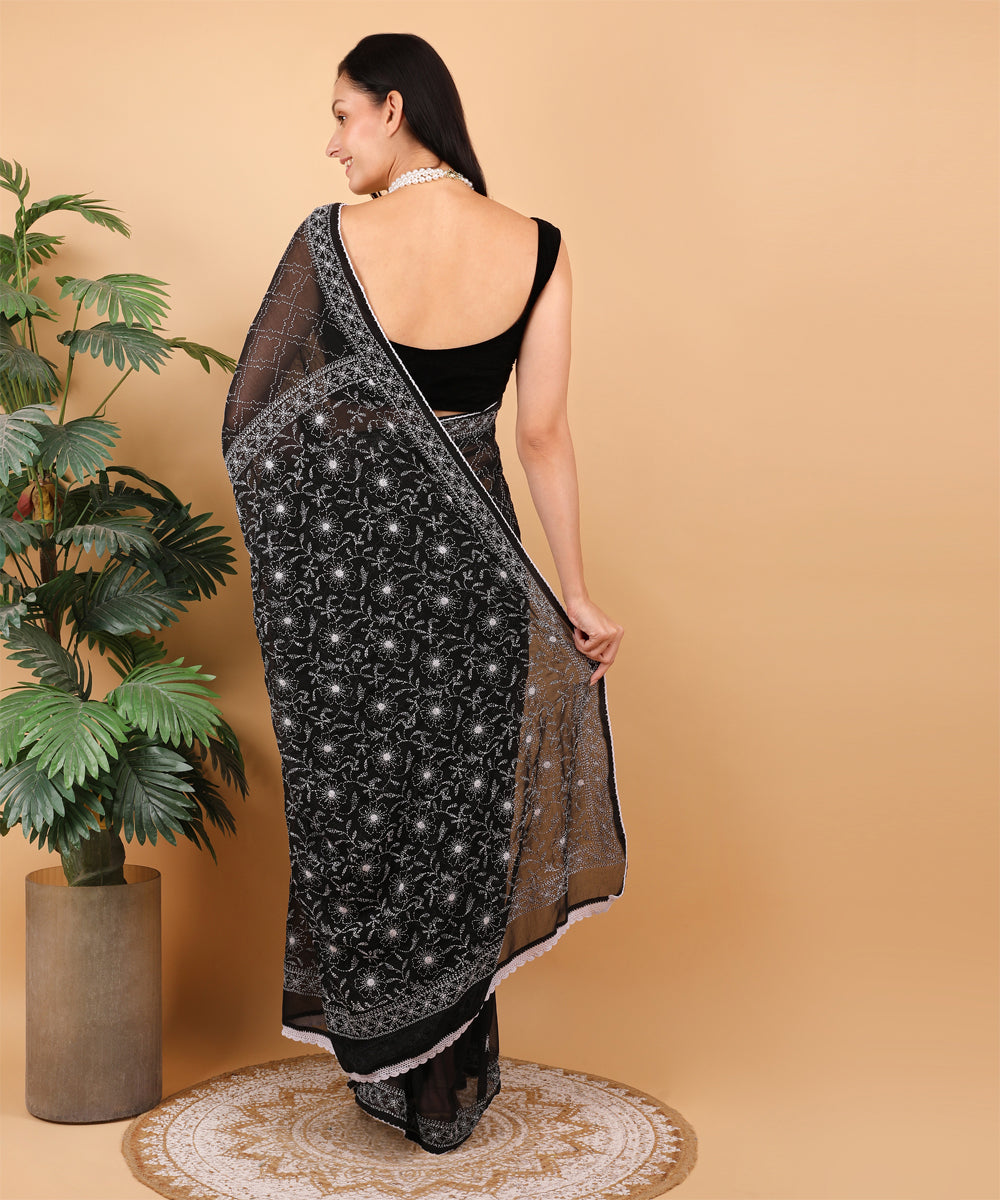 Black white cotton hand embroidered chikankari saree