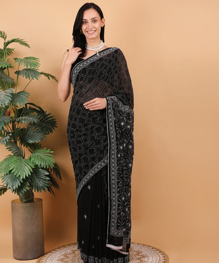 Black white cotton hand embroidered chikankari saree