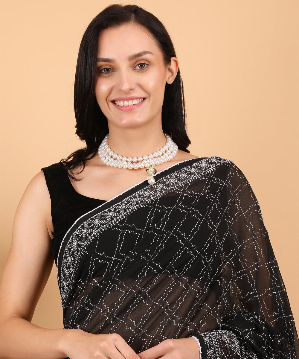 Black white cotton hand embroidered chikankari saree