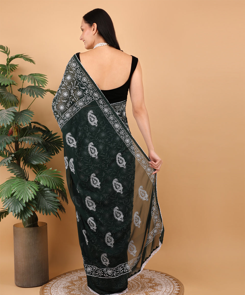 Dark green white cotton hand embroidered chikankari saree
