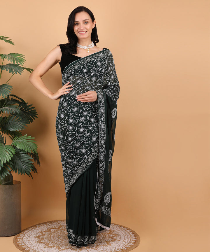 Dark green white cotton hand embroidered chikankari saree