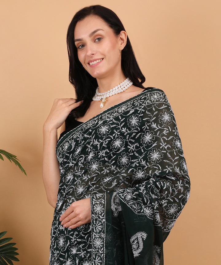 Dark green white cotton hand embroidered chikankari saree