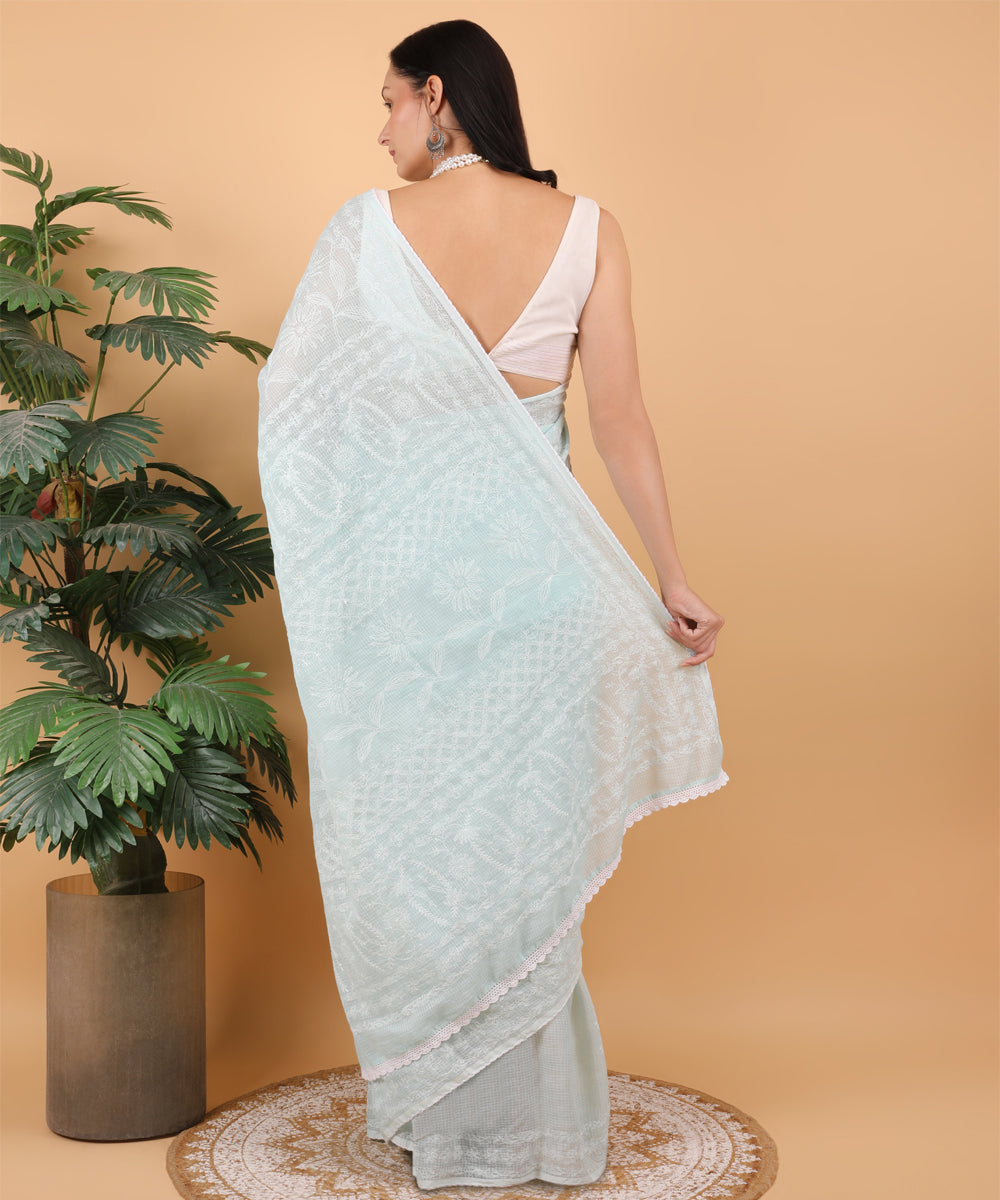 Cyan blue white cotton hand embroidered chikankari saree