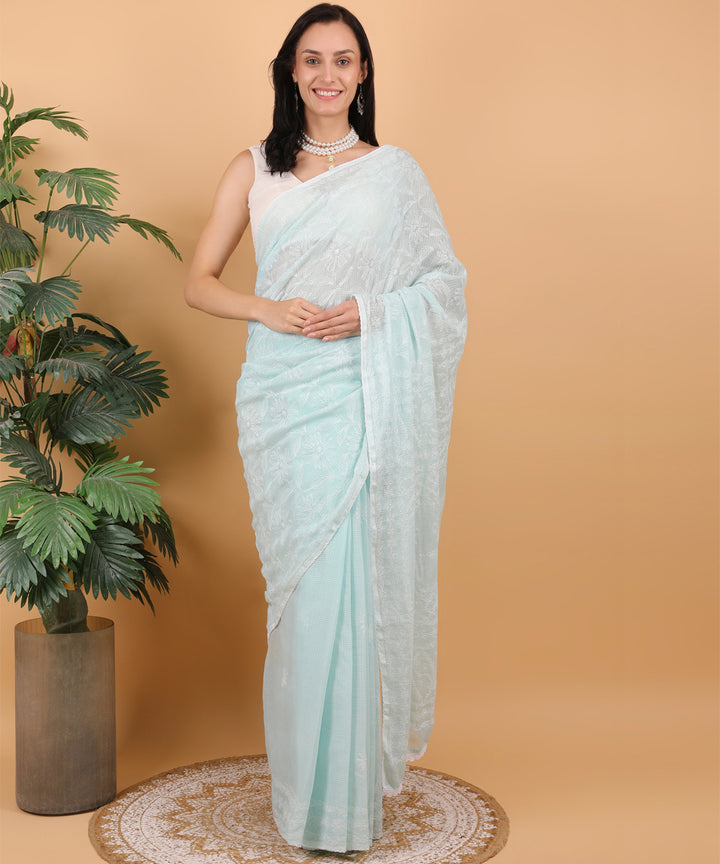 Cyan blue white cotton hand embroidered chikankari saree