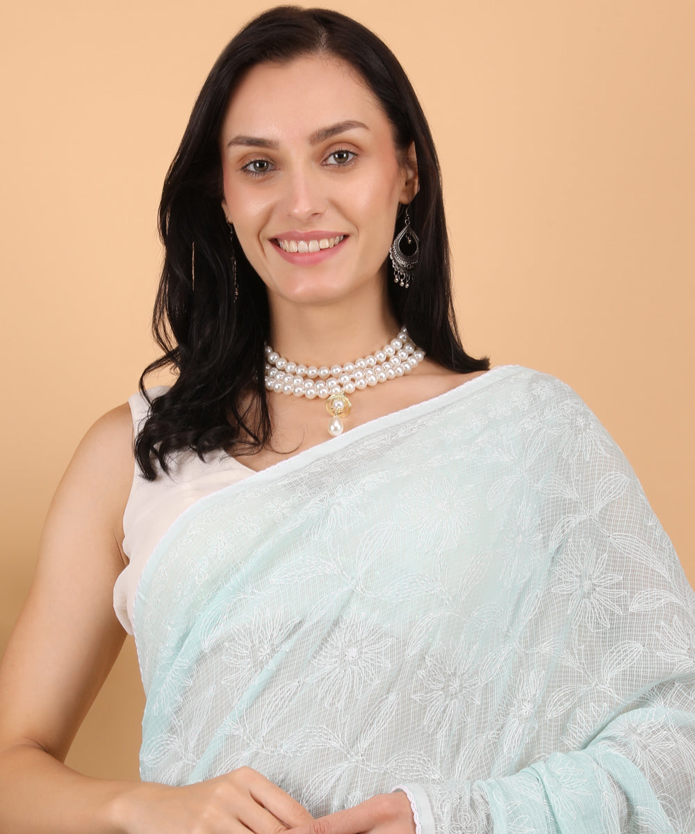 Cyan blue white cotton hand embroidered chikankari saree