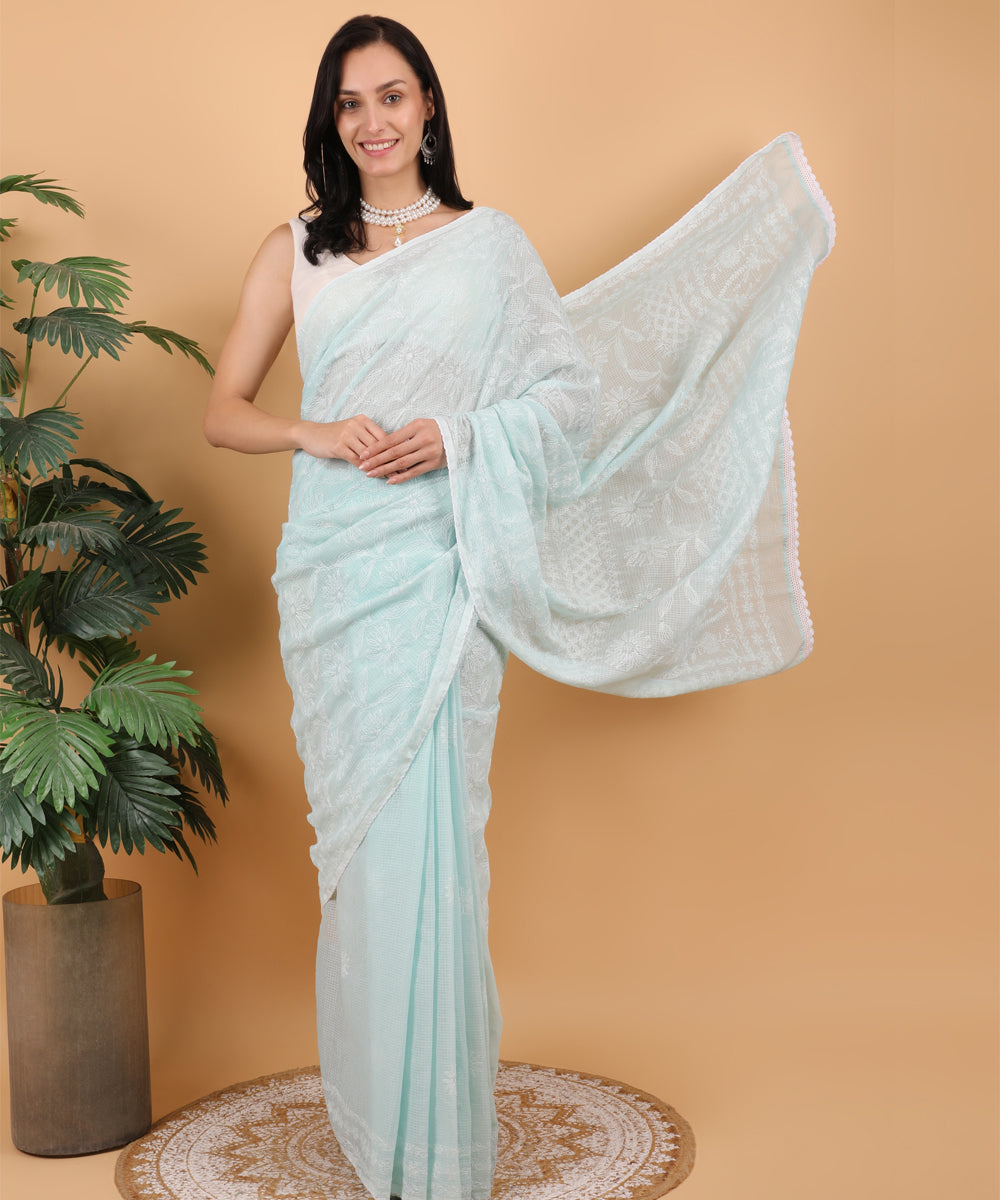 Cyan blue white cotton hand embroidered chikankari saree