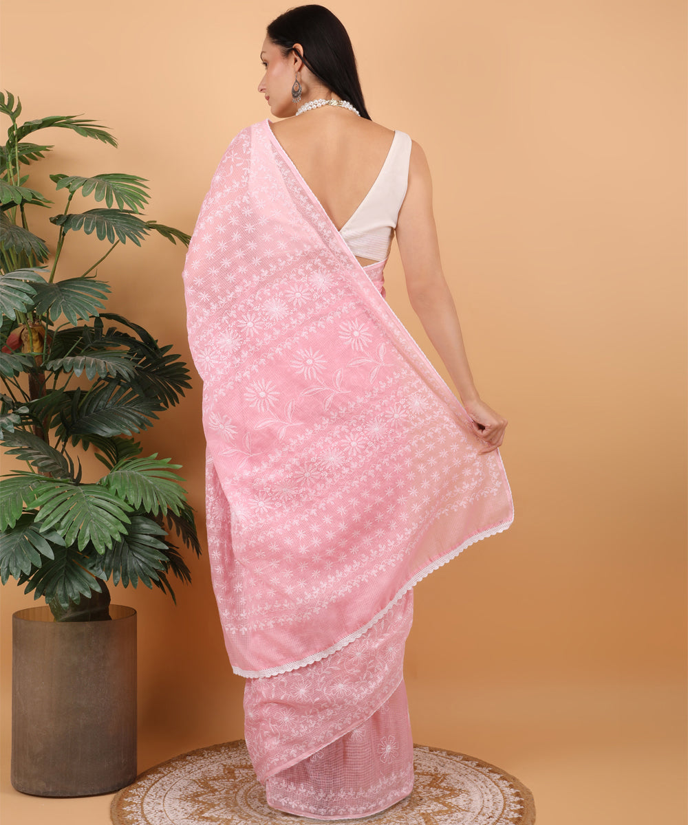 Pink white cotton hand embroidered chikankari saree