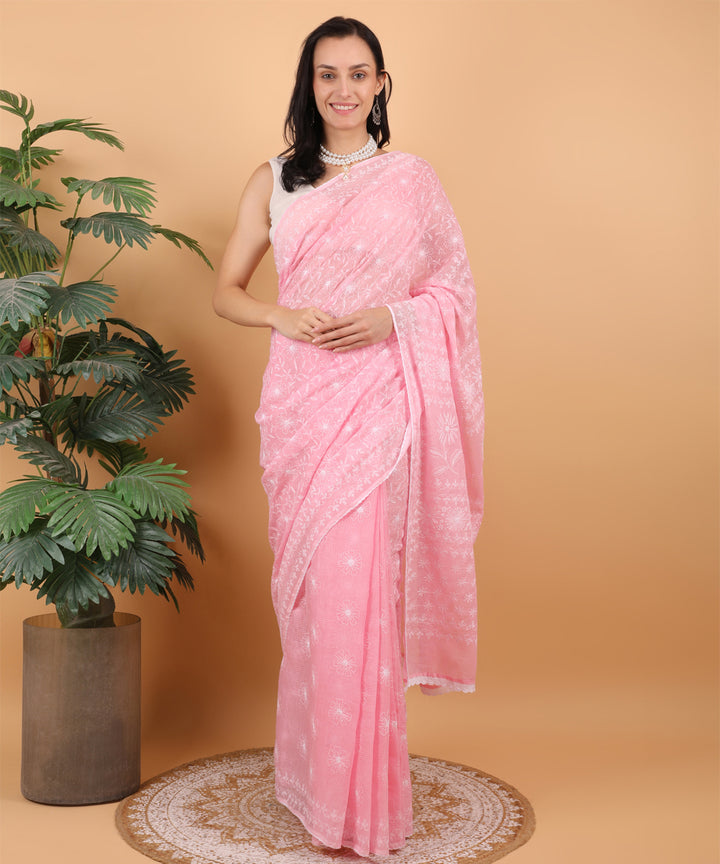 Pink white cotton hand embroidered chikankari saree