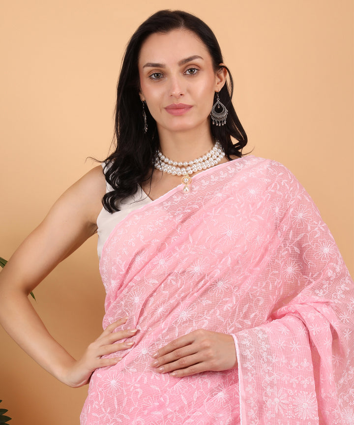 Pink white cotton hand embroidered chikankari saree