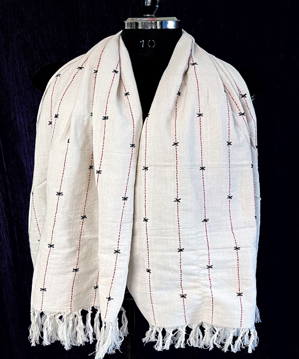Multicolor offwhite hand embroidered cotton dupatta