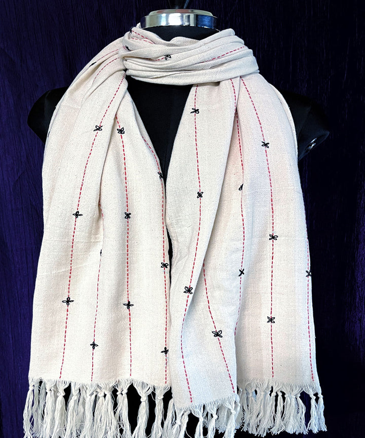 Multicolor offwhite hand embroidered cotton dupatta