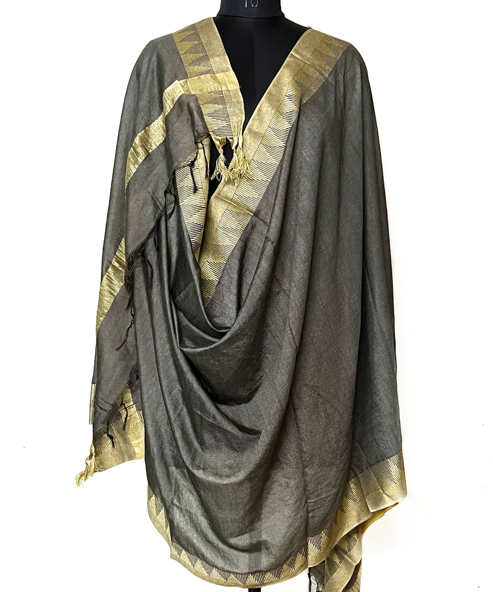 Dark green golden handwoven silk dupatta