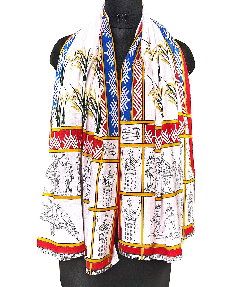 Multicolor white hand printed cotton rajkiya gamcha
