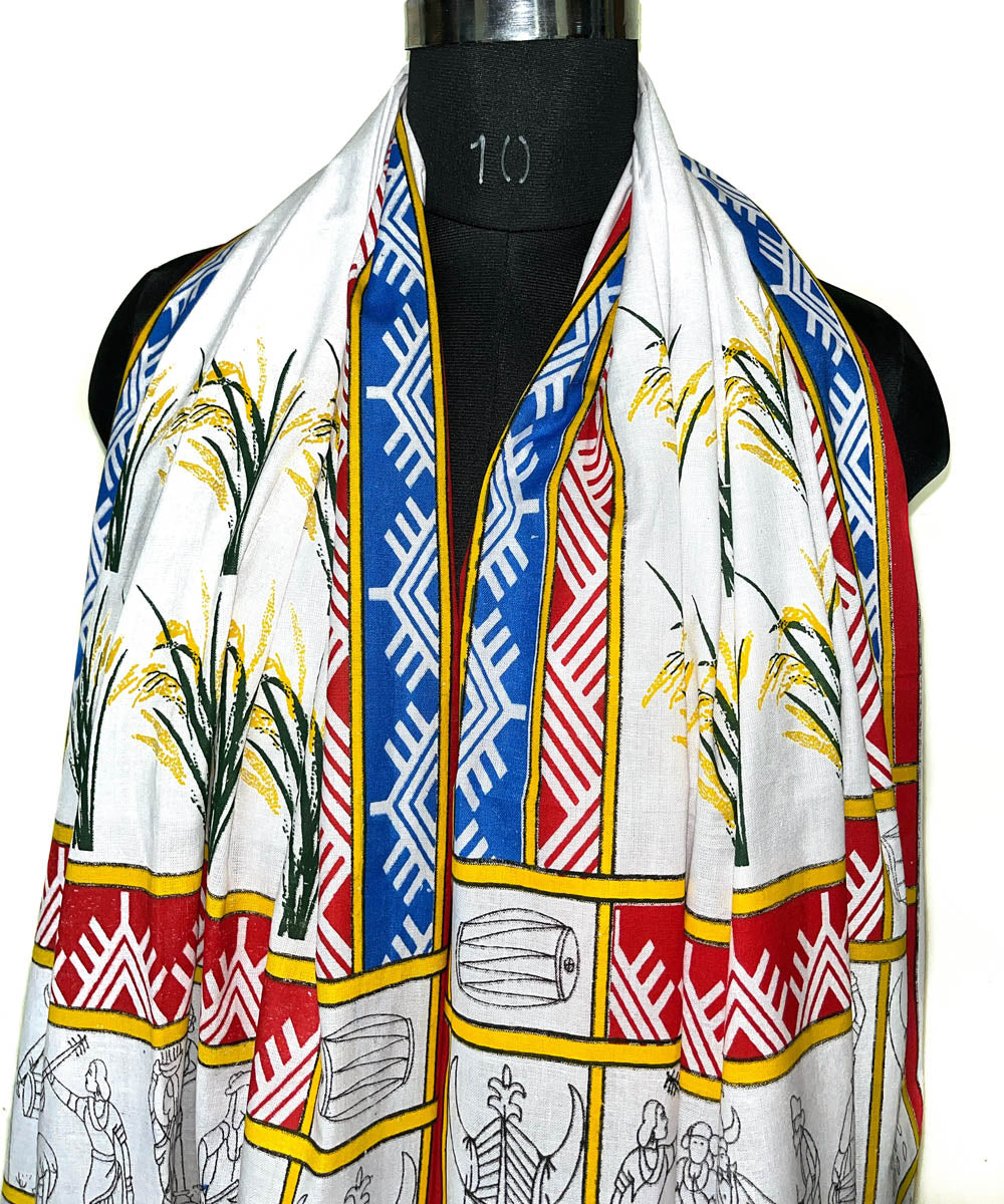 Multicolor white hand printed cotton rajkiya gamcha
