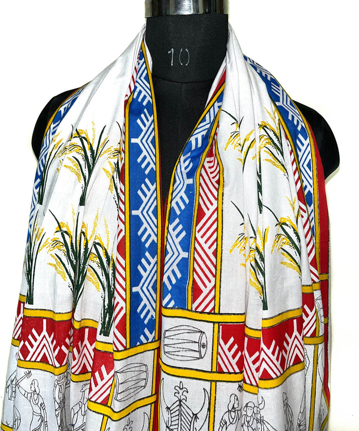 Multicolor white hand printed cotton rajkiya gamcha