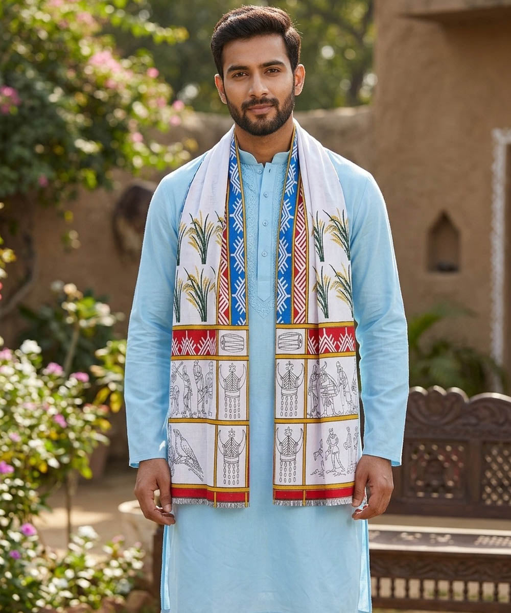 Multicolor white hand printed cotton rajkiya gamcha