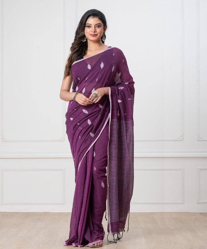 Purple offwhite mul cotton handloom jamdani saree
