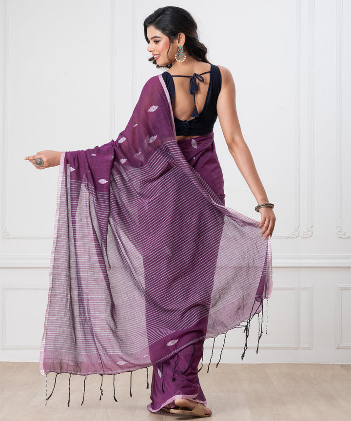 Purple offwhite mul cotton handloom jamdani saree