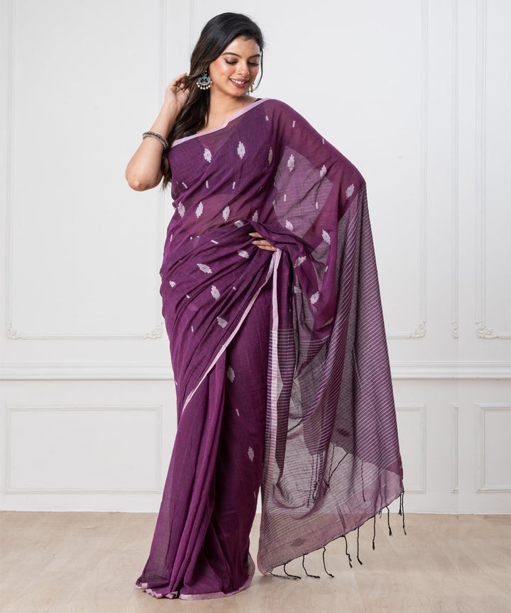Purple offwhite mul cotton handloom jamdani saree