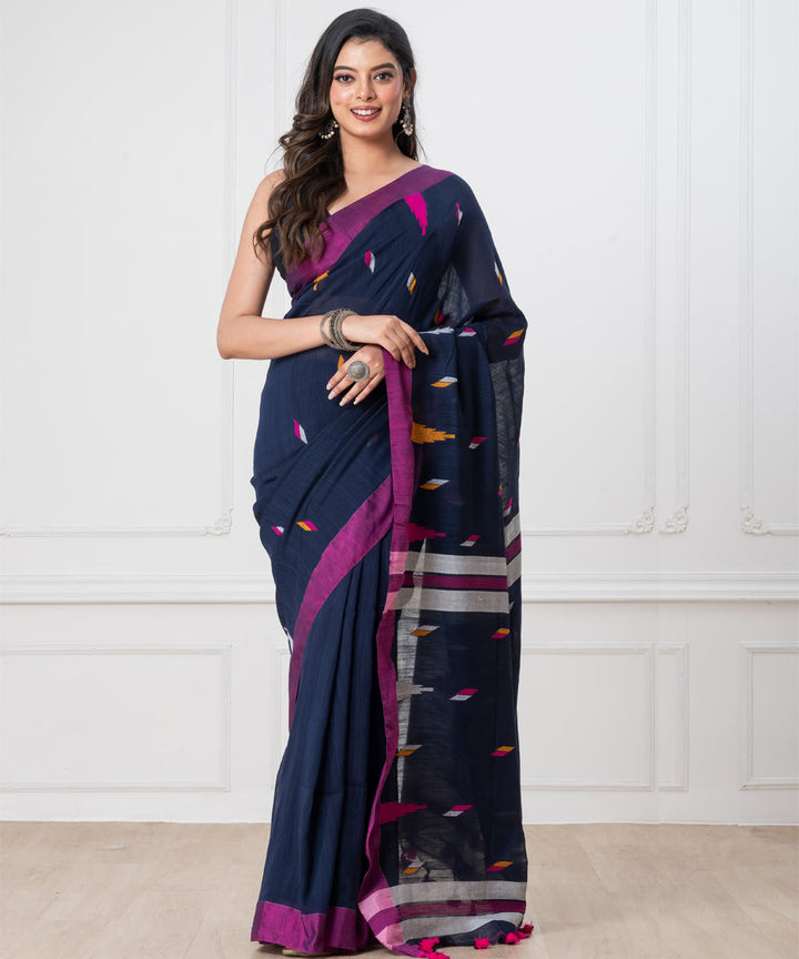 Navy blue pink mul cotton handloom jamdani saree with tassels