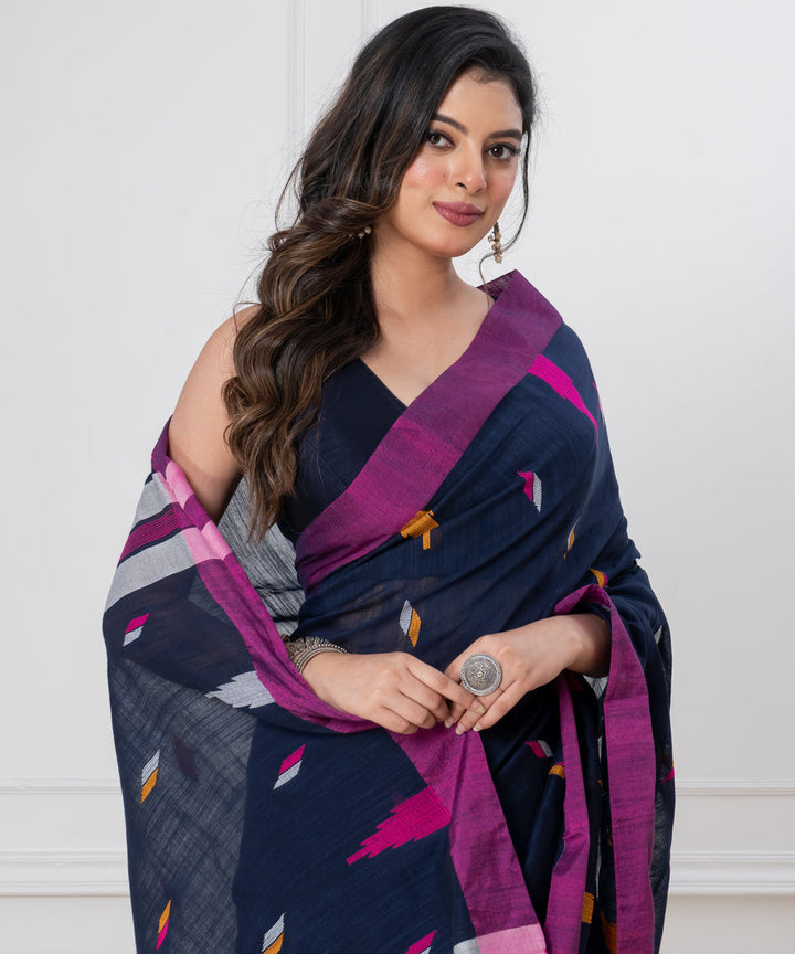 Navy blue pink mul cotton handloom jamdani saree with tassels