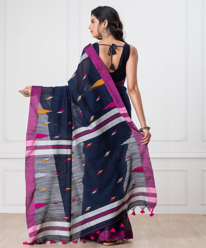 Navy blue pink mul cotton handloom jamdani saree with tassels