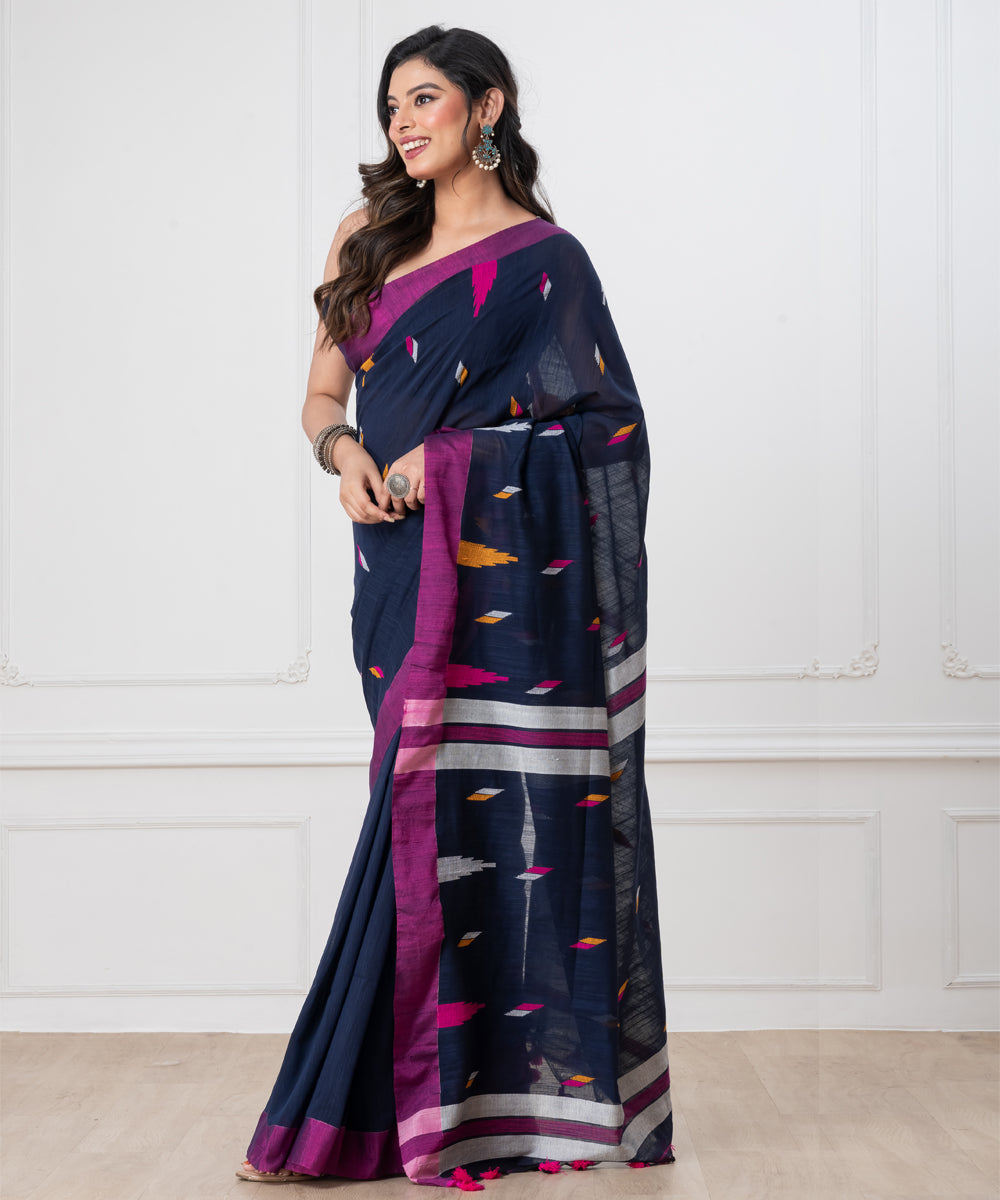 Navy blue pink mul cotton handloom jamdani saree with tassels