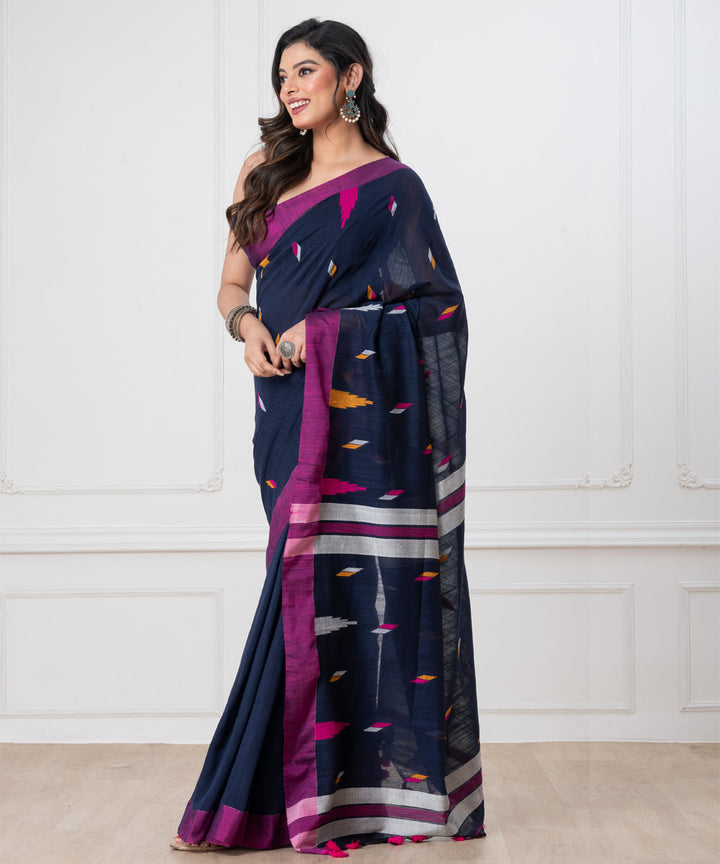 Navy blue pink mul cotton handloom jamdani saree with tassels