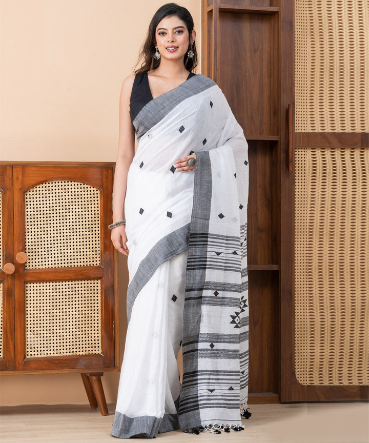 White grey border khadi cotton handloom jamdani saree with tassels