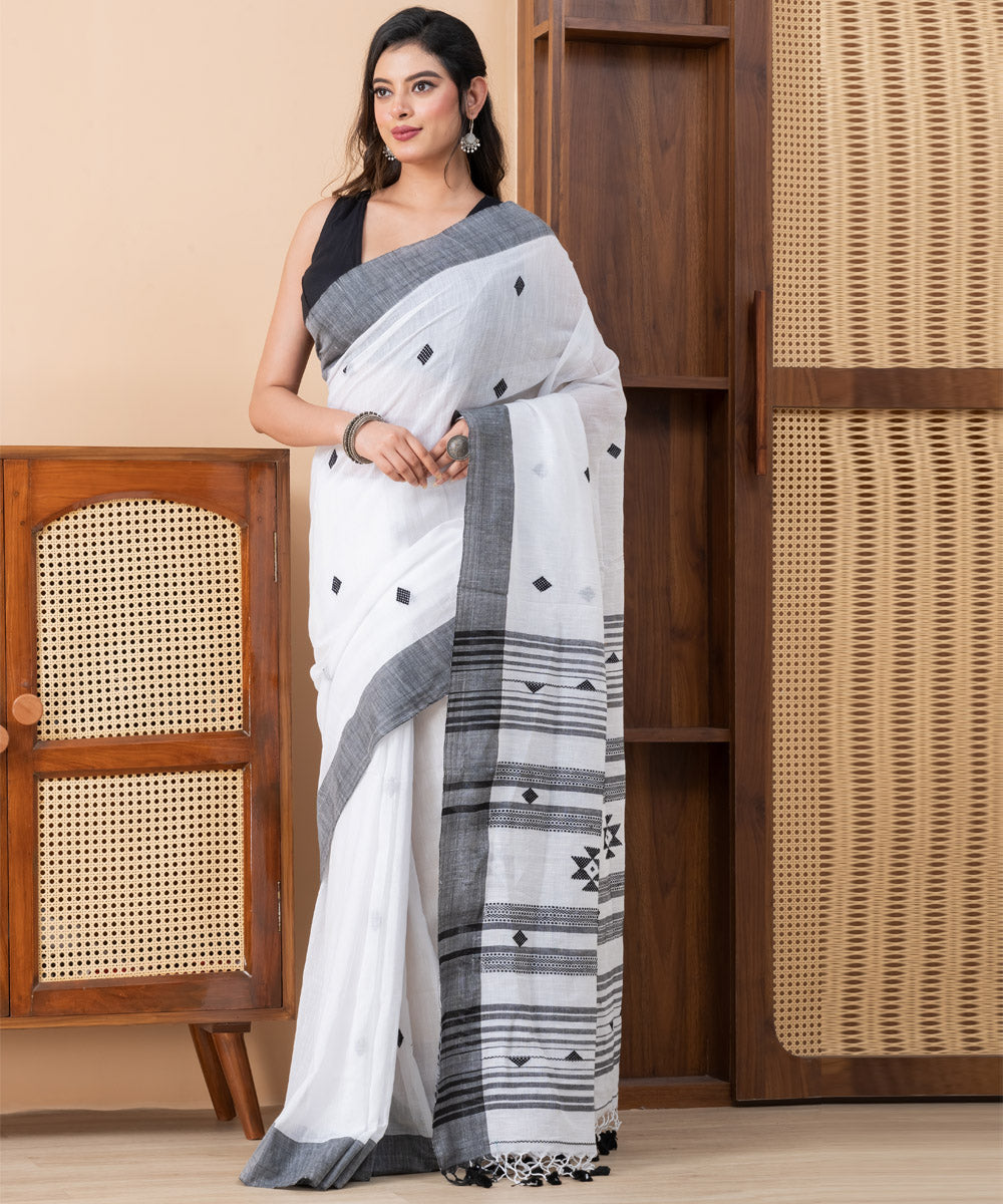White grey border khadi cotton handloom jamdani saree with tassels
