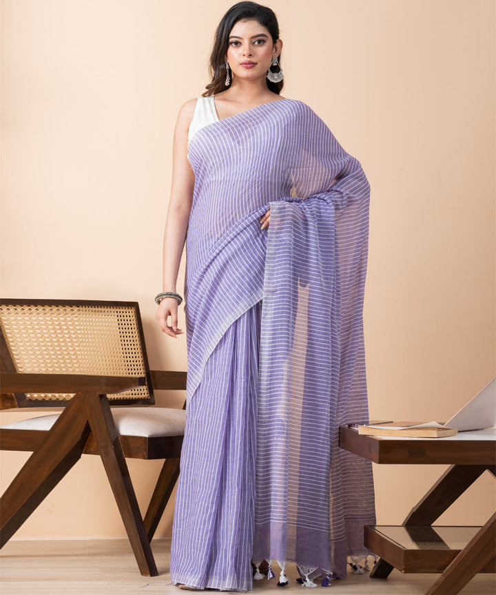 Lavender striped khadi cotton handloom khadi saree with tassels