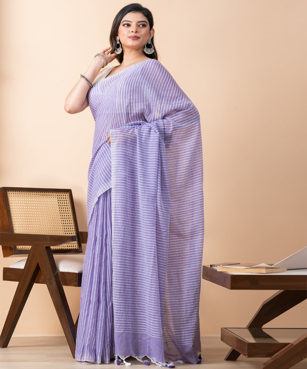 Lavender striped khadi cotton handloom khadi saree with tassels